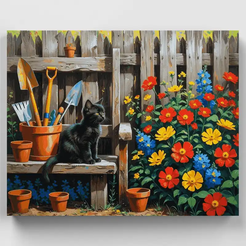 Gato Negro en Jardín con Flores - Kit de pintar por números - Lienzo Enrollado / 24 Colores Mejor Precio