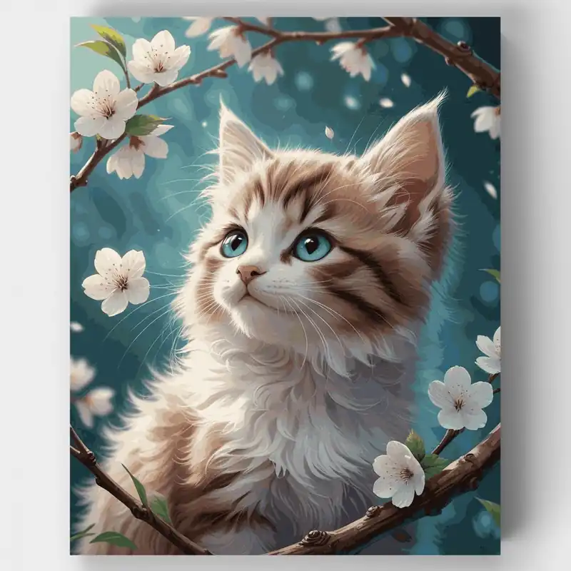 Gatito Esponjoso Entre Flores de Cerezo - Kit de pintar por números - Lienzo Enrollado / 24 Colores Artesanal