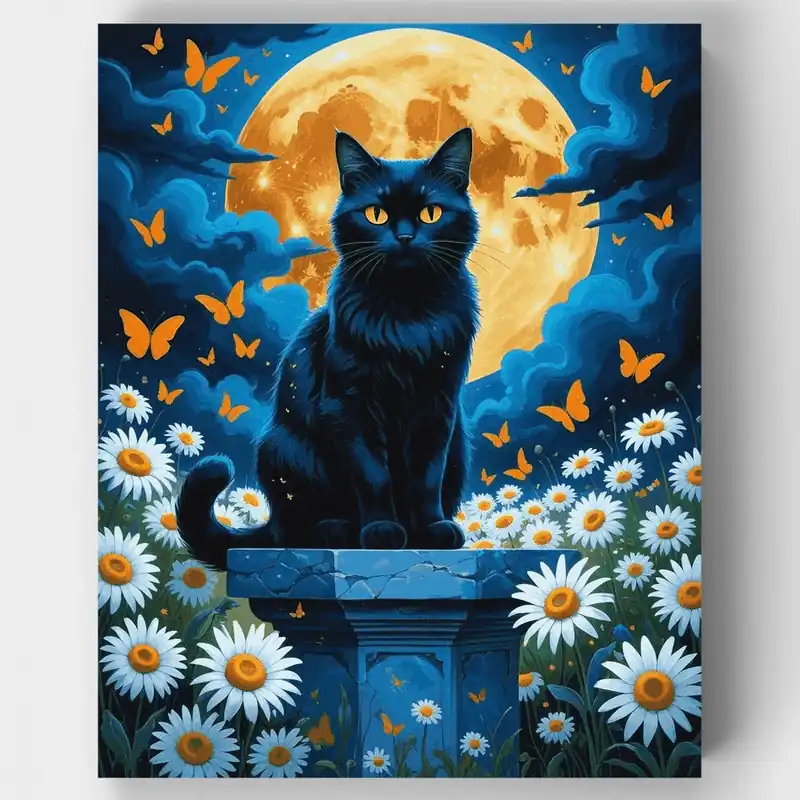 Gato Negro Místico Bajo la Luz de la Luna - Kit de pintar por números - Lienzo Enrollado / 24 Colores Última Versión