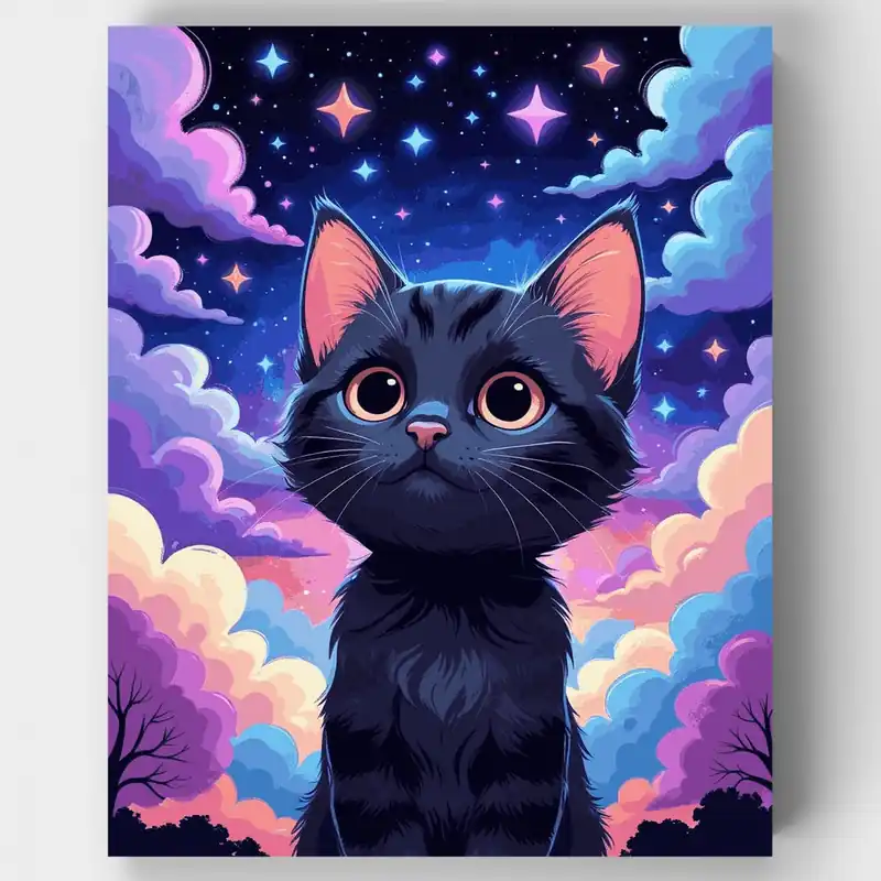 Precio Económico Gatito Noche Estrellada - Kit de pintar por números - Lienzo Enrollado / 24 Colores
