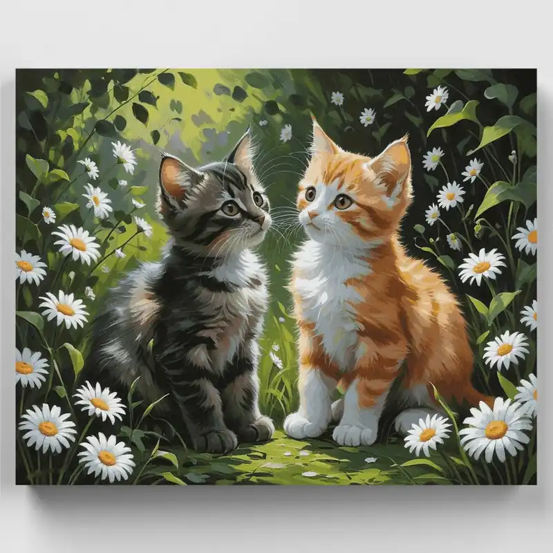 Devolución Gratuita Dos Gatitos en Jardín de Margaritas - Kit de pintar por números - Lienzo Enrollado / 24 Colores