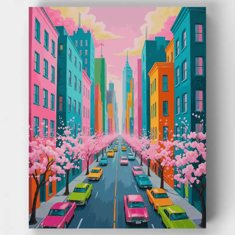 Precio Reducido Kit de Pintar por Números Calle Urbana Vibrante en Floración Primaveral - Lienzo Enrollado / 24 Colores