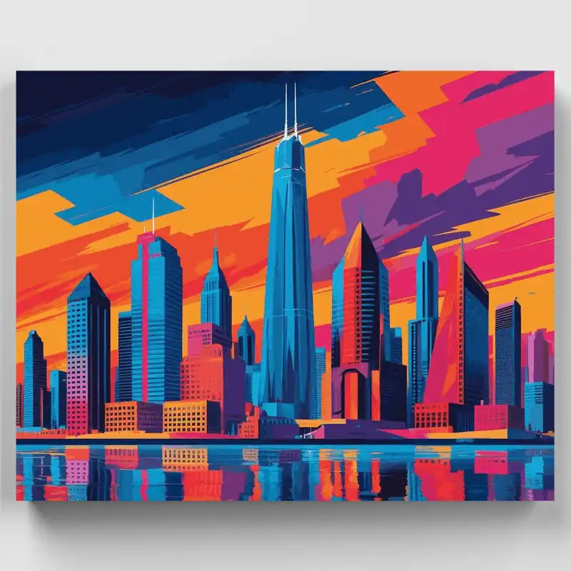 Envío Exprés Horizonte de Chicago Atardecer Vibrante - Kit de pintar por números - Lienzo Enrollado / 24 Colores