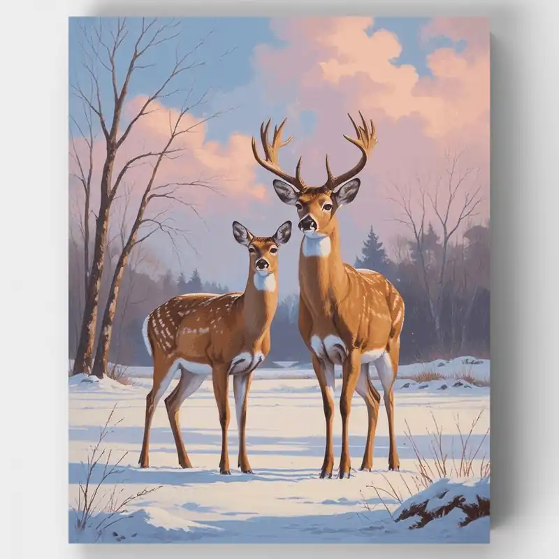 Devolución Gratuita Pareja de Ciervos Invernales en Bosque Nevado - Kit de pintar por números - Lienzo Enrollado / 24 Colores