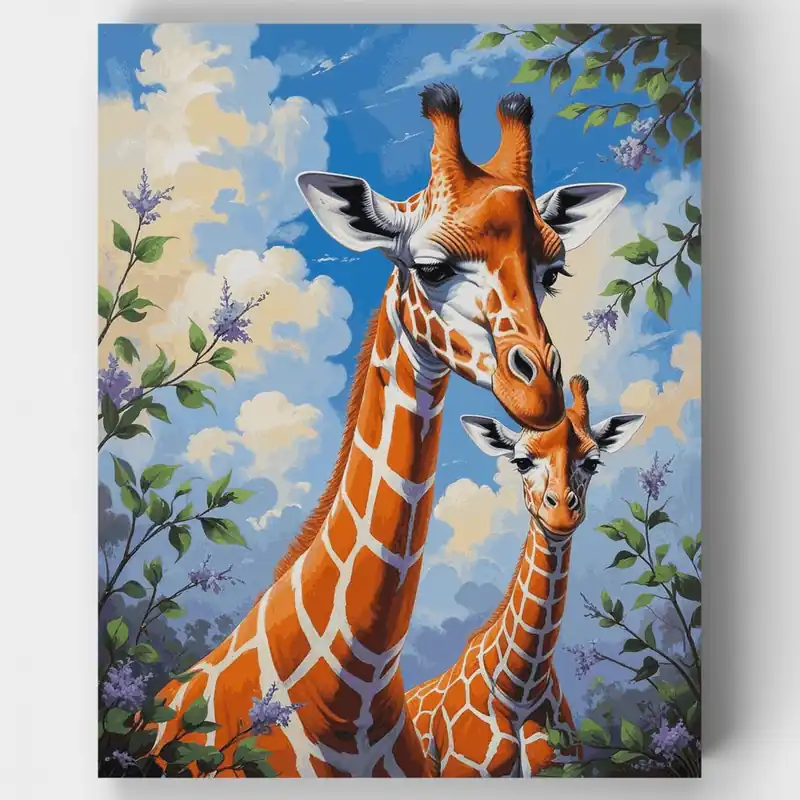 Envío Inmediato Jirafas Gentiles en Floración Púrpura - Kit de pintar por números - Lienzo Enrollado / 24 Colores