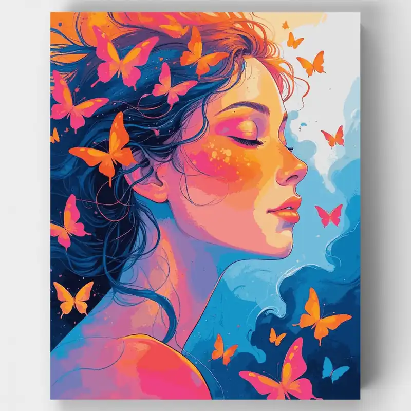 Venta Final Retrato de Mujer Sueños de Mariposa - Kit de pintar por números - Lienzo Enrollado / 24 Colores