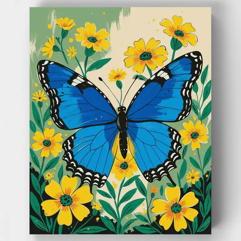 Mariposa Azul Entre Flores Amarillas - Kit de pintar por números - Lienzo Enrollado / 24 Colores Ocasión Especial