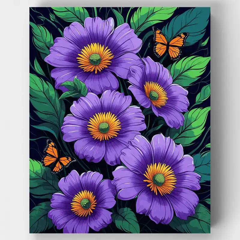Barato Flores Moradas con Mariposas Naranjas - Kit de pintar por números - Lienzo Enrollado / 24 Colores
