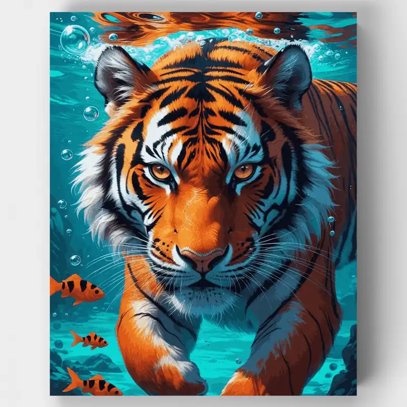 Lujoso Tigre Submarino con Peces Naranjas - Kit de pintar por números - Lienzo Enrollado / 24 Colores