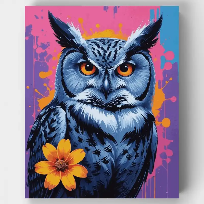 Búho Azul con Flor Amarilla - Kit de pintar por números - Lienzo Enrollado / 24 Colores Mejor Precio
