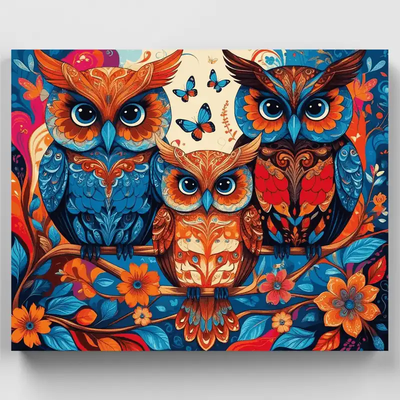 Tendencia Búhos Ornamentales con Mariposas - Kit de pintar por números - Lienzo Enrollado / 24 Colores