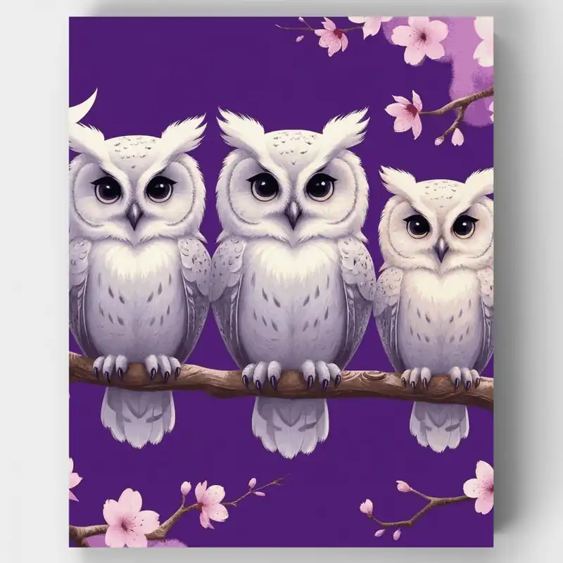 Tres Búhos Blancos en Rama de Cerezo - Kit de pintar por números - Lienzo Enrollado / 24 Colores Precio Bajo