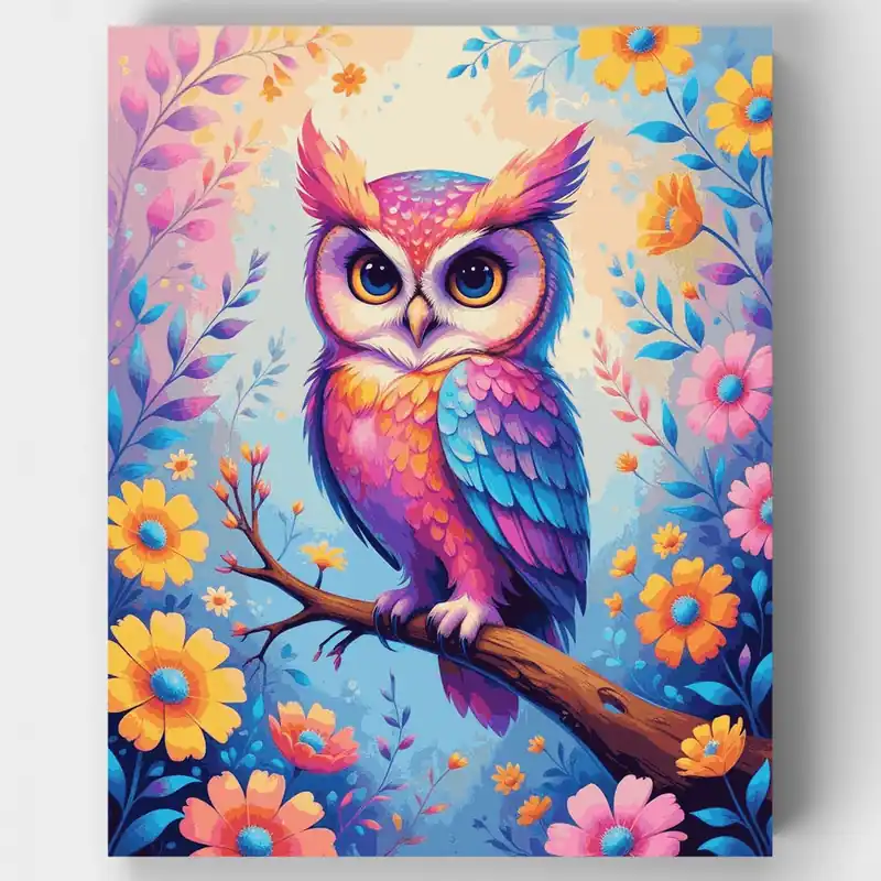 De Moda Kit de Pintar por Números Búho Arcoíris Vibrante en Jardín Floral - Lienzo Enrollado / 24 Colores