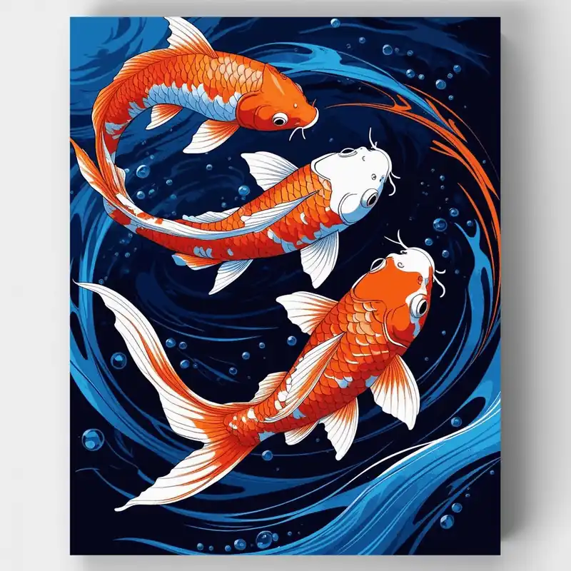 Tres Peces Koi Nadando en Aguas Azules Arremolinadas - Kit de pintar por números - Lienzo Enrollado / 24 Colores Súper Precio