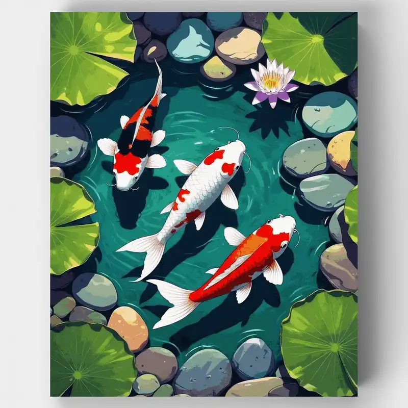 Favorito De Clientes Peces Koi Nadando Entre Nenúfares y Piedras - Kit de pintar por números - Lienzo Enrollado / 24 Colores