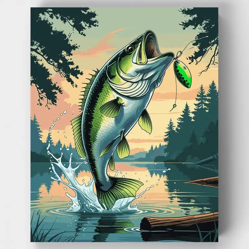 Nuevo Modelo Pez Bass Saltando al Atardecer - Kit de pintar por números - Lienzo Enrollado / 24 Colores
