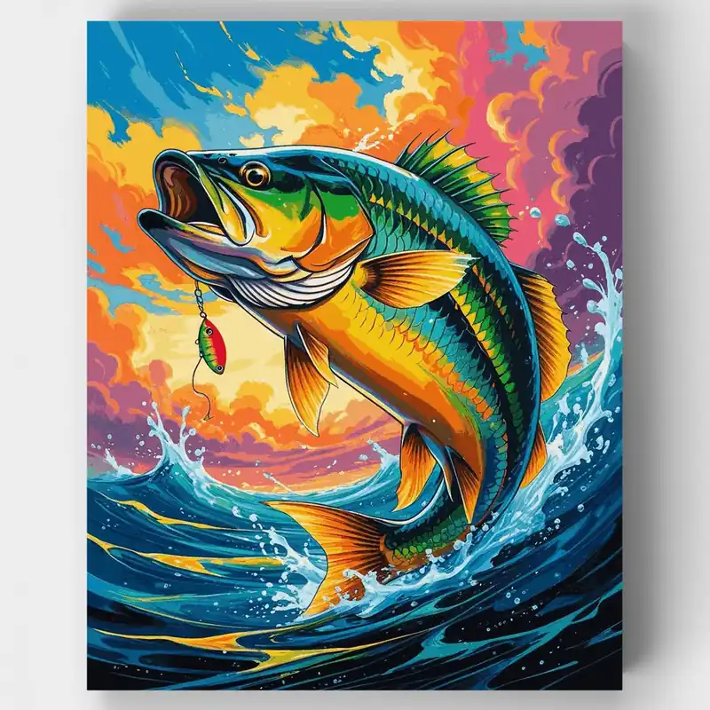 Envío Internacional Kit de Pintar por Números de Pez Bass Vibrante Saltando del Agua - Lienzo Enrollado / 24 Colores