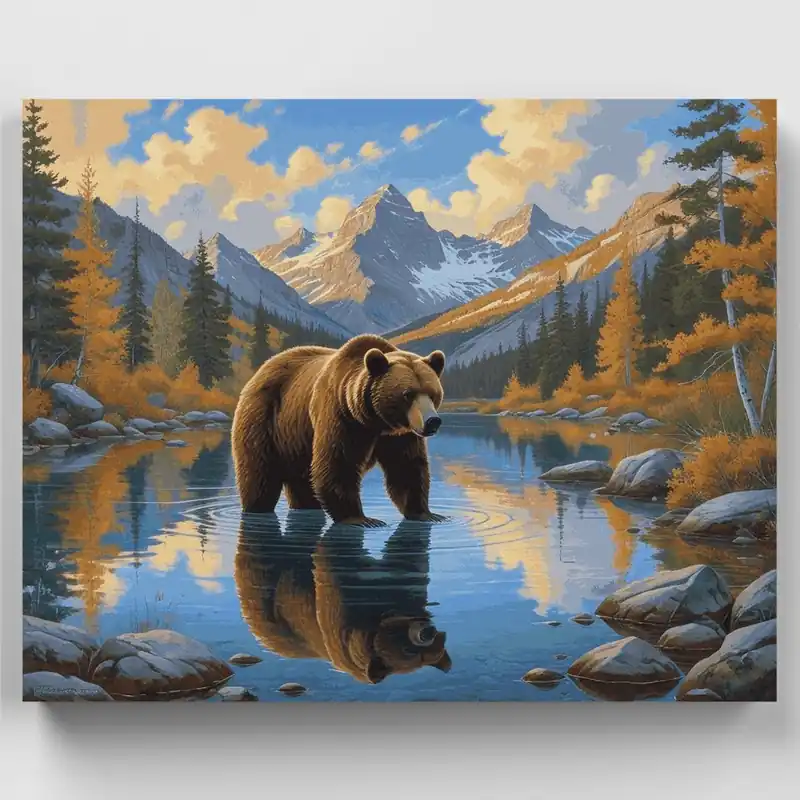 Premium Oso Grizzly Reflejo en la Montaña - Kit de pintar por números - Lienzo Enrollado / 24 Colores
