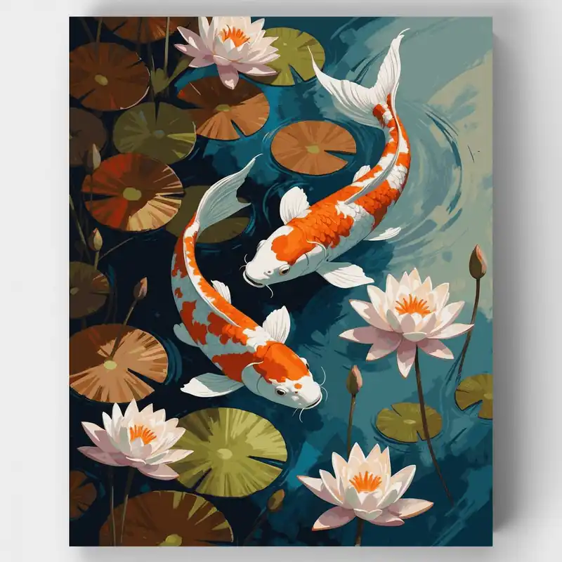 Kit de pintar por números Estanque Tranquilo de Peces Koi - Lienzo Enrollado / 24 Colores Imprescindible (Must-Have)