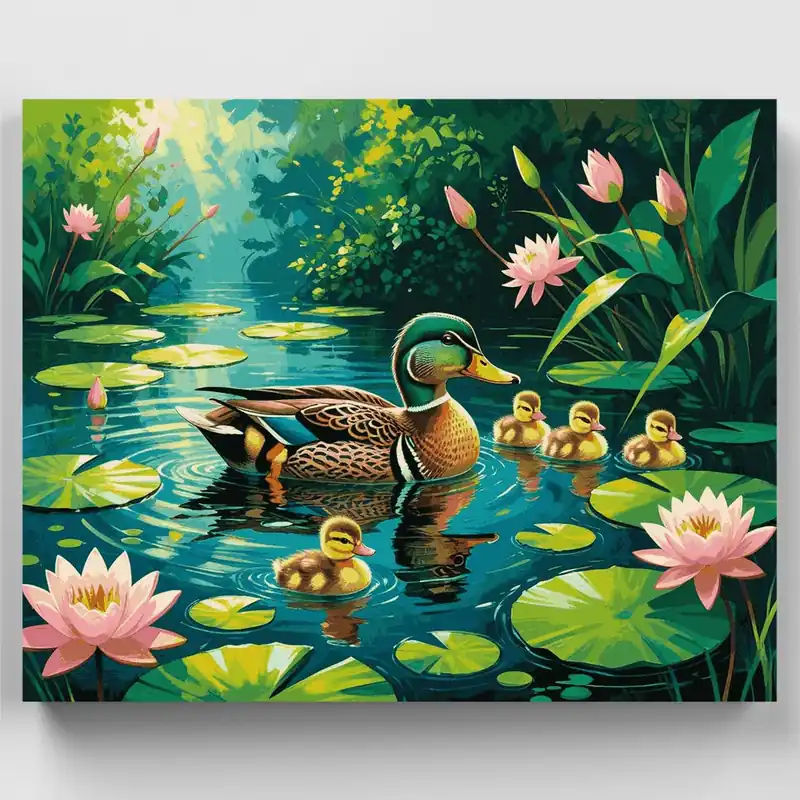 Familia de Patos en Estanque de Loto - Kit de pintar por números - Lienzo Enrollado / 24 Colores Envío Gratis