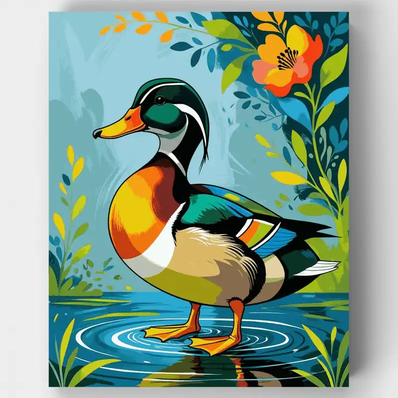 Solo Hoy Pato Mandarín Colorido en Estanque - Kit de pintar por números - Lienzo Enrollado / 24 Colores
