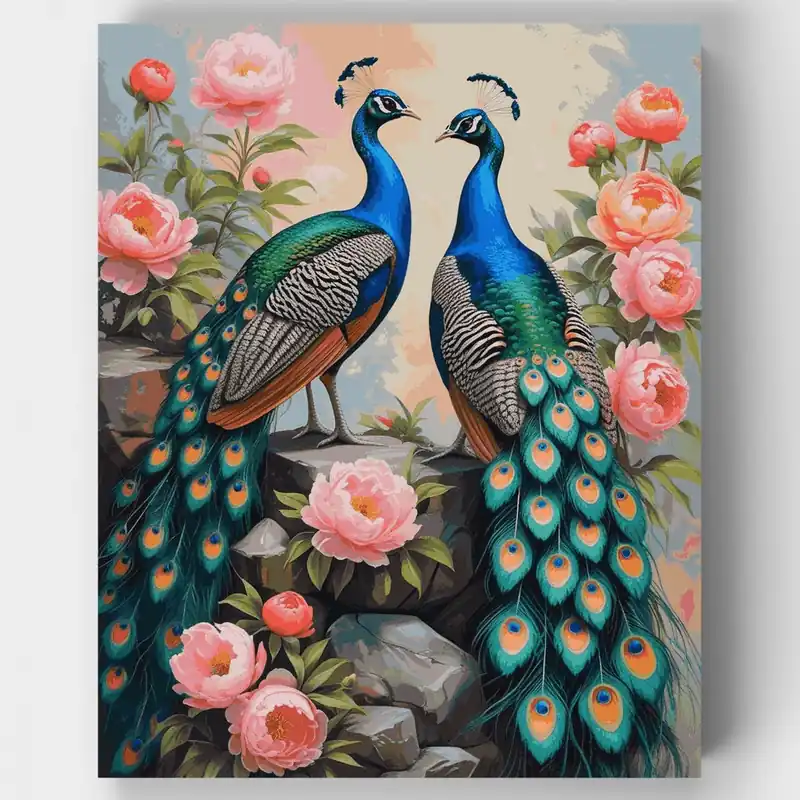 Alta Calidad Pavos Reales Majestuosos con Peonías Rosas - Kit de pintar por números - Lienzo Enrollado / 24 Colores