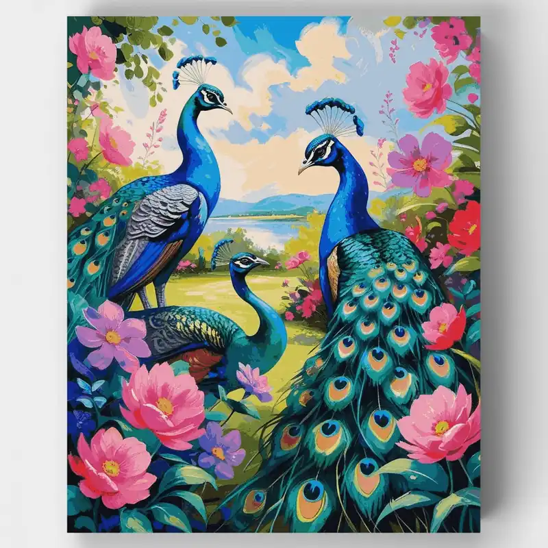 Garantía Incluida Tres Pavos Reales Majestuosos en un Jardín Floreciente - Kit de pintar por números - Lienzo Enrollado / 24 Colores