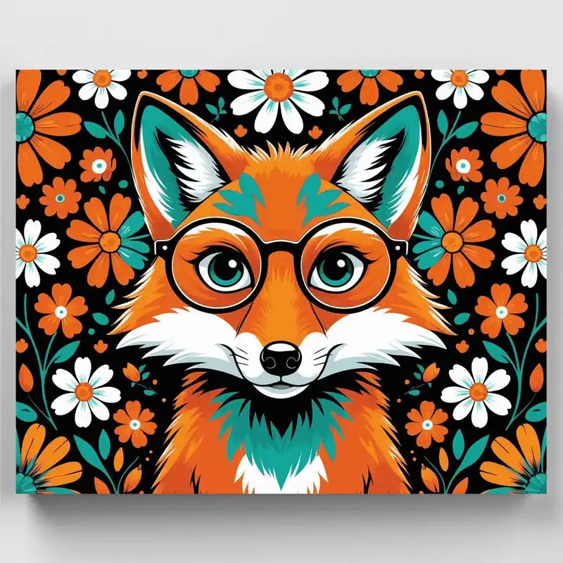 Stock Limitado Zorro Caprichoso con Gafas y Fondo Floral - Kit de pintar por números - Lienzo Enrollado / 24 Colores