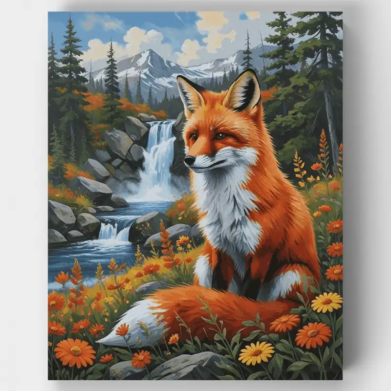 Precio Reducido Zorro Rojo junto a Cascada de Montaña - Kit de pintar por números - Lienzo Enrollado / 24 Colores