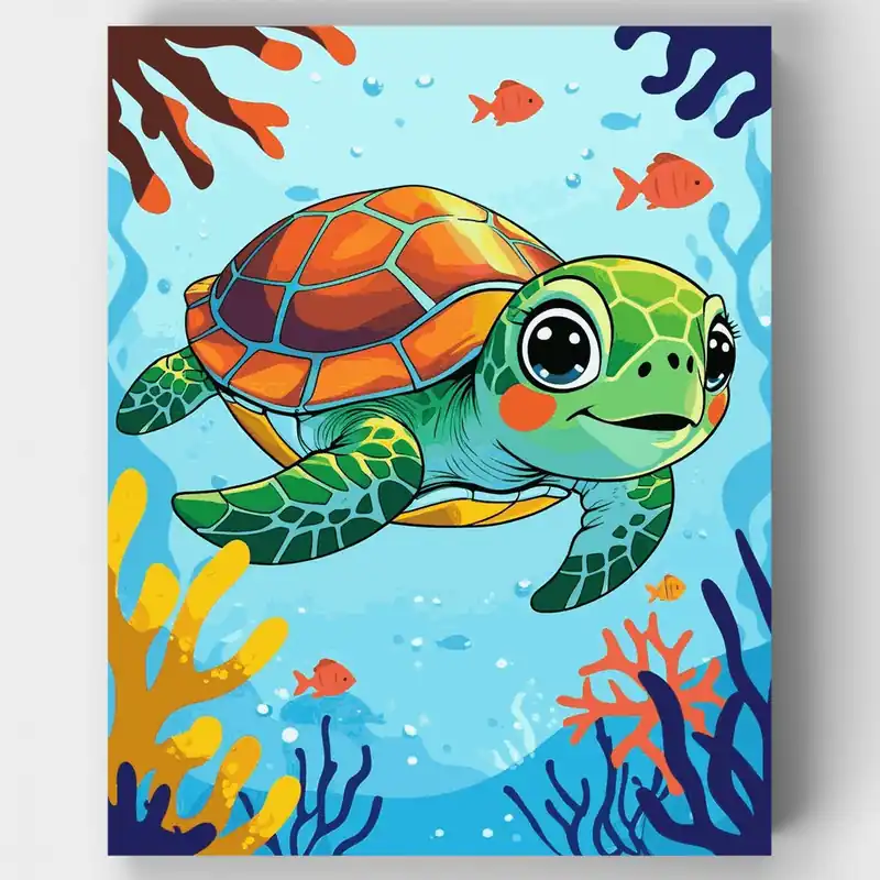 Kit de Pintar por Números de Tortuga Marina Alegre con Ojos Grandes - Lienzo Enrollado / 24 Colores Ordena Ya