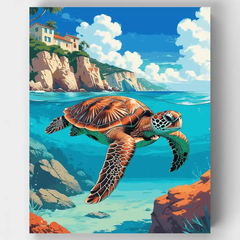 Kit de Pintar por Números Tortuga Marina Paraíso Costero del Mediterráneo - Lienzo Enrollado / 24 Colores Moderno