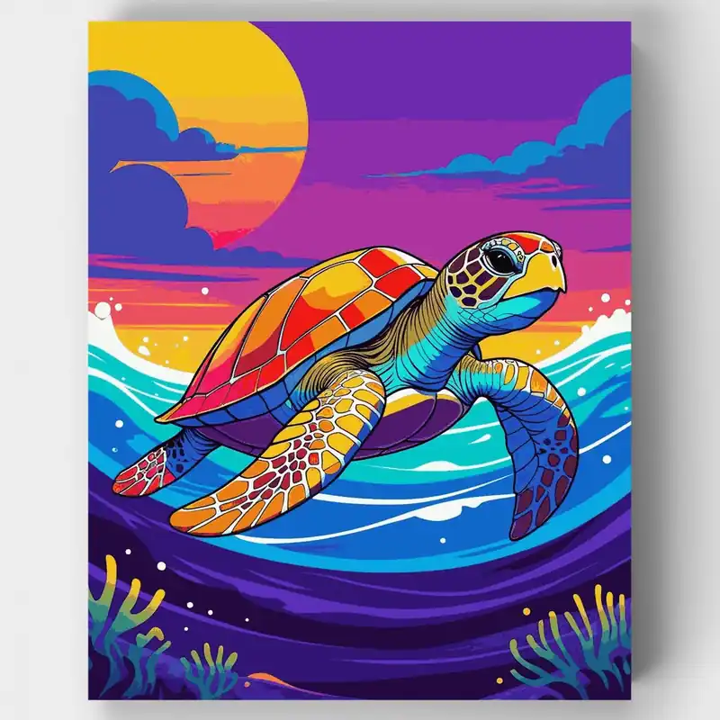 Tortuga Marina Vibrante en Olas del Atardecer - Kit de pintar por números - Lienzo Enrollado / 24 Colores Mejor Calidad