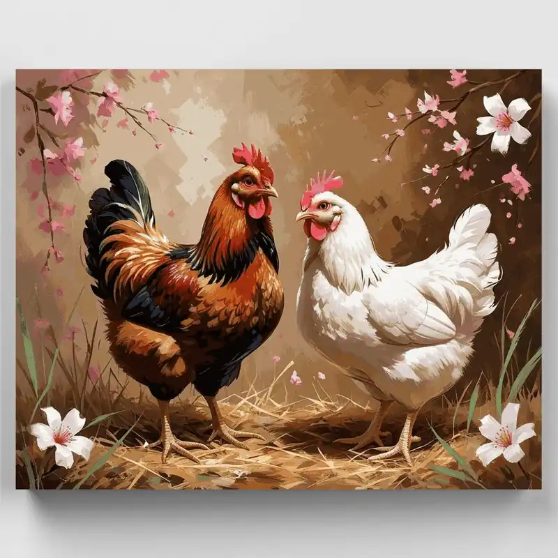 Gallo y Gallina con Flores de Cerezo - Kit de pintar por números - Lienzo Enrollado / 24 Colores Nueva Colección
