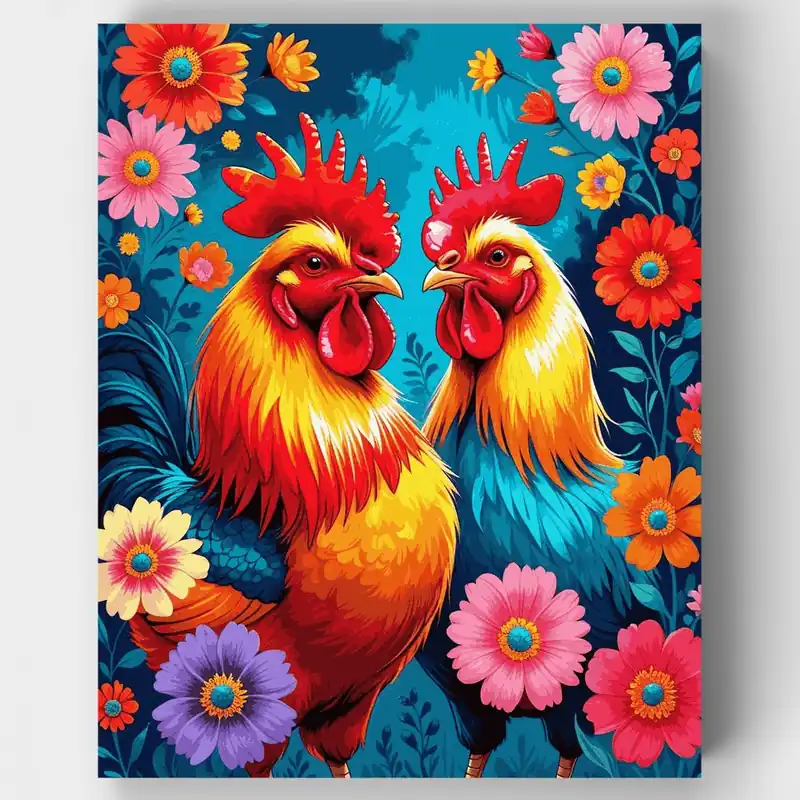 Promoción Gallos Vibrantes en Jardín Floral - Kit de pintar por números - Lienzo Enrollado / 24 Colores