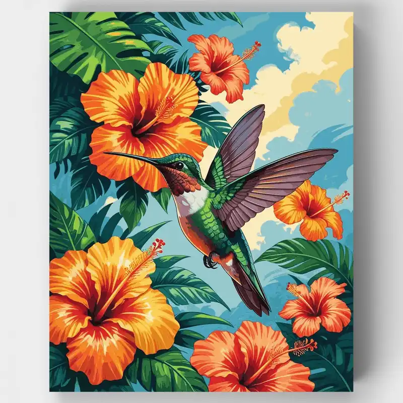 Colibrí con Flores de Hibisco Tropical - Kit de pintar por números - Lienzo Enrollado / 24 Colores Edición Limitada