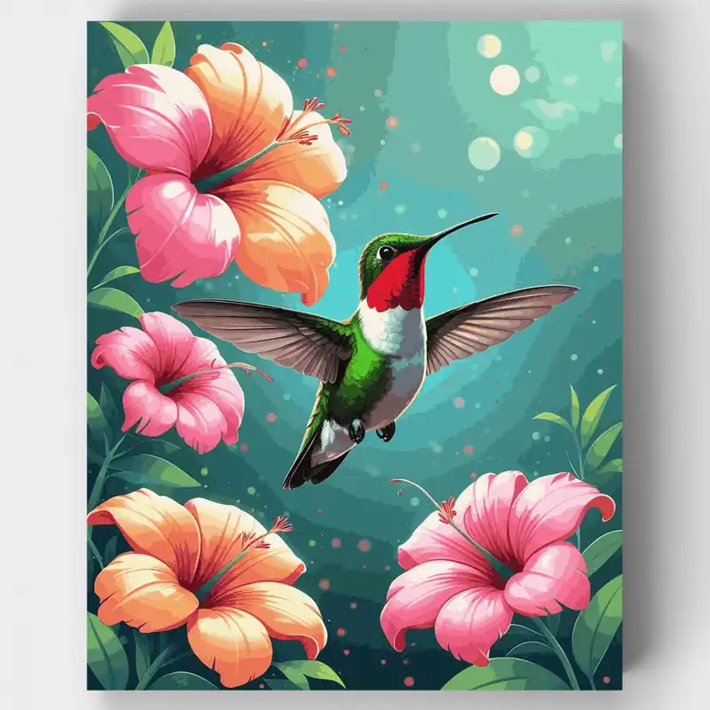 Colibrí Entre Flores Tropicales - Kit de pintar por números - Lienzo Enrollado / 24 Colores Nuevo Modelo