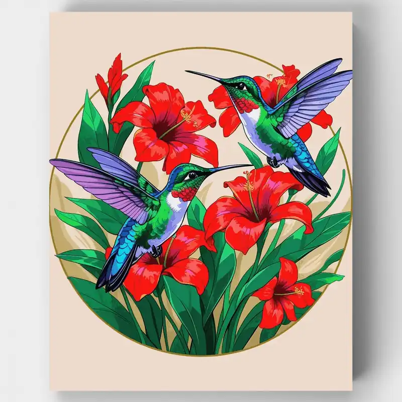 Colibríes Vibrantes con Flores de Hibisco Rojas - Kit de pintar por números - Lienzo Enrollado / 24 Colores Mejor Precio