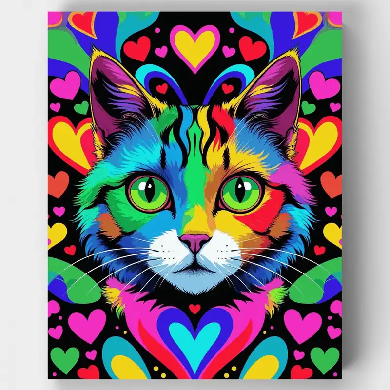 Gato Arcoíris con Corazones - Kit de pintar por números - Lienzo Enrollado / 24 Colores Edición Limitada