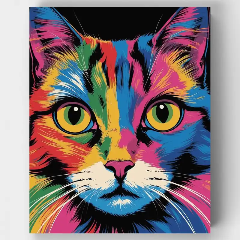 Gato Multicolor con Ojos Amarillos Brillantes - Kit de pintar por números - Lienzo Enrollado / 24 Colores Mejor Calidad