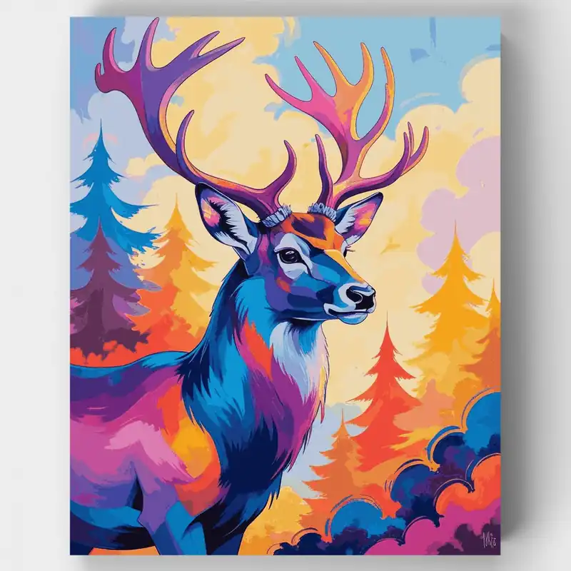 Ciervo Vibrante en Bosque Colorido - Kit de pintar por números - Lienzo Enrollado / 24 Colores Original