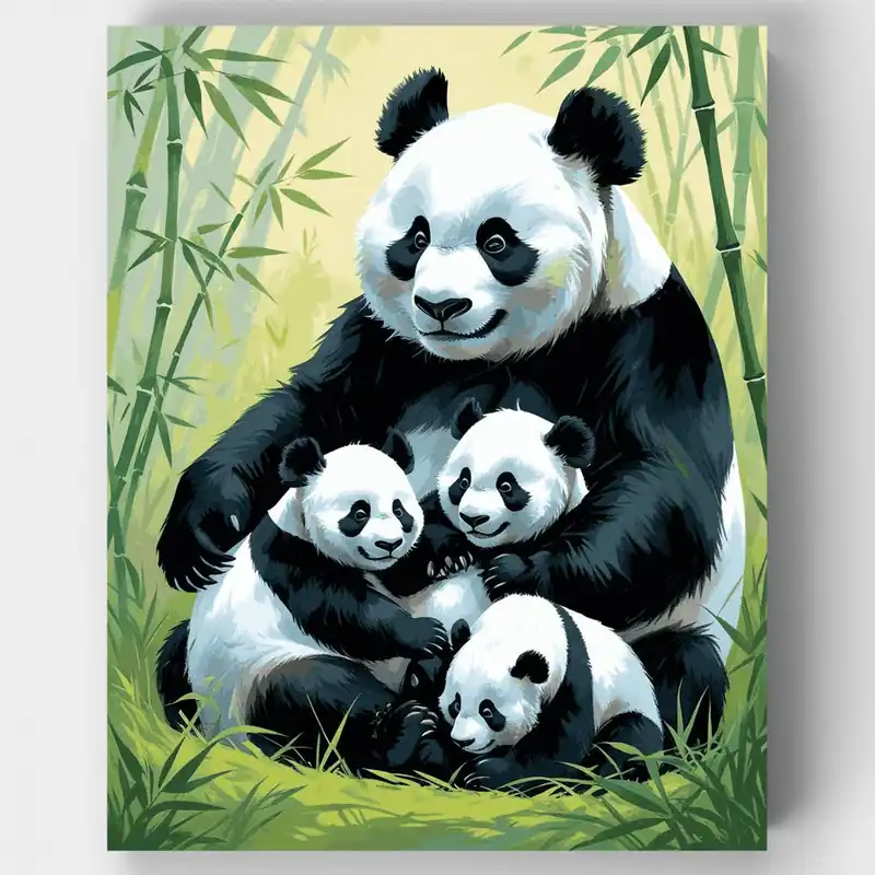 Familia de Pandas en Bosque de Bambú - Kit de pintar por números - Lienzo Enrollado / 24 Colores No Te Lo Pierdas
