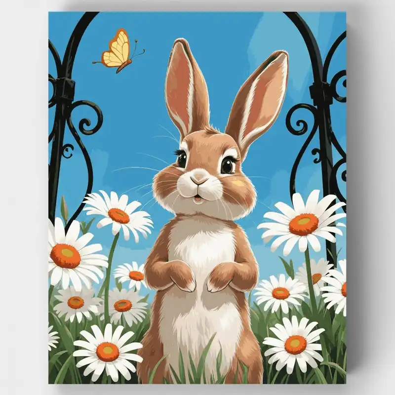 Conejito Alegre en Jardín de Margaritas - Kit de pintar por números - Lienzo Enrollado / 24 Colores Solo Por Tiempo Limitado