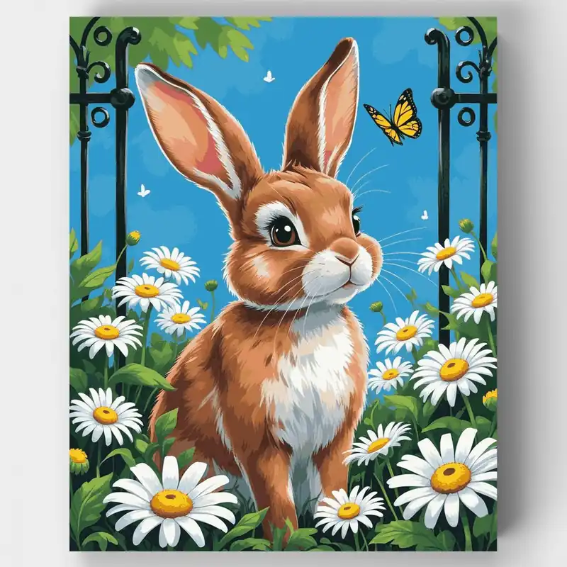 Conejo Adorable en un Jardín de Margaritas - Kit de pintar por números - Lienzo Enrollado / 24 Colores Precio Económico