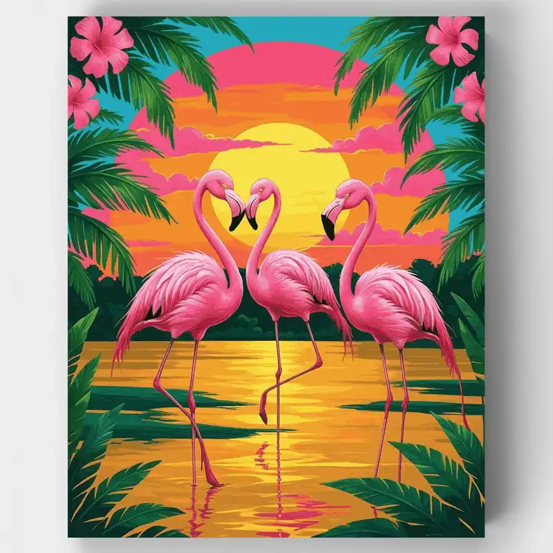 Flamencos Tropicales al Atardecer - Kit de pintar por números - Lienzo Enrollado / 24 Colores Mayoreo