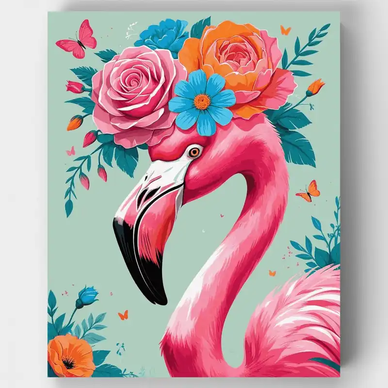 Flamenco con Corona Floral - Kit de pintar por números - Lienzo Enrollado / 24 Colores Compra Hoy