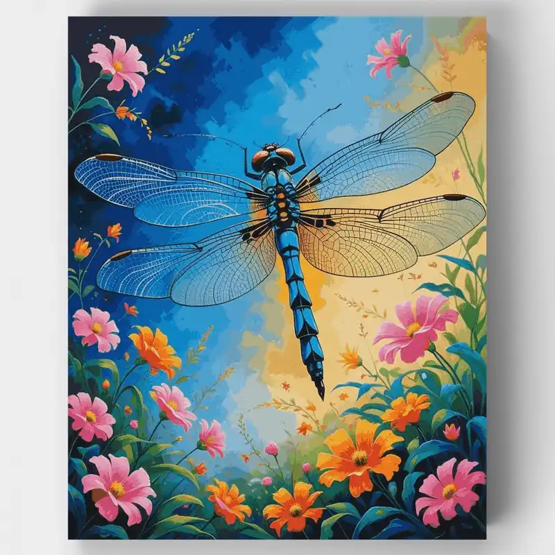 Compra Ahora Libélula Azul con Flores de Jardín - Kit de pintar por números - Lienzo Enrollado / 24 Colores