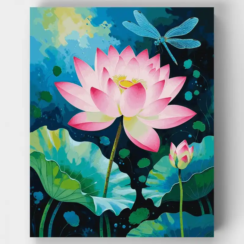Precio De Oferta Flor de Loto con Libélula - Kit de pintar por números - Lienzo Enrollado / 24 Colores