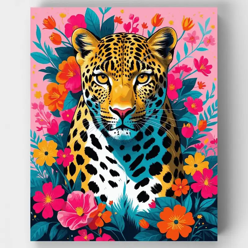Leopardo Vibrante en Paraíso Floral - Kit de pintar por números - Lienzo Enrollado / 24 Colores Precio Reducido