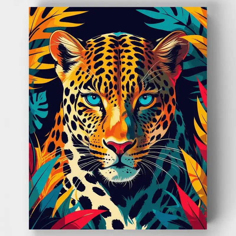 Leopardo de Jungla Neón con Ojos Turquesa - Kit de pintar por números - Lienzo Enrollado / 24 Colores Ordena Ya