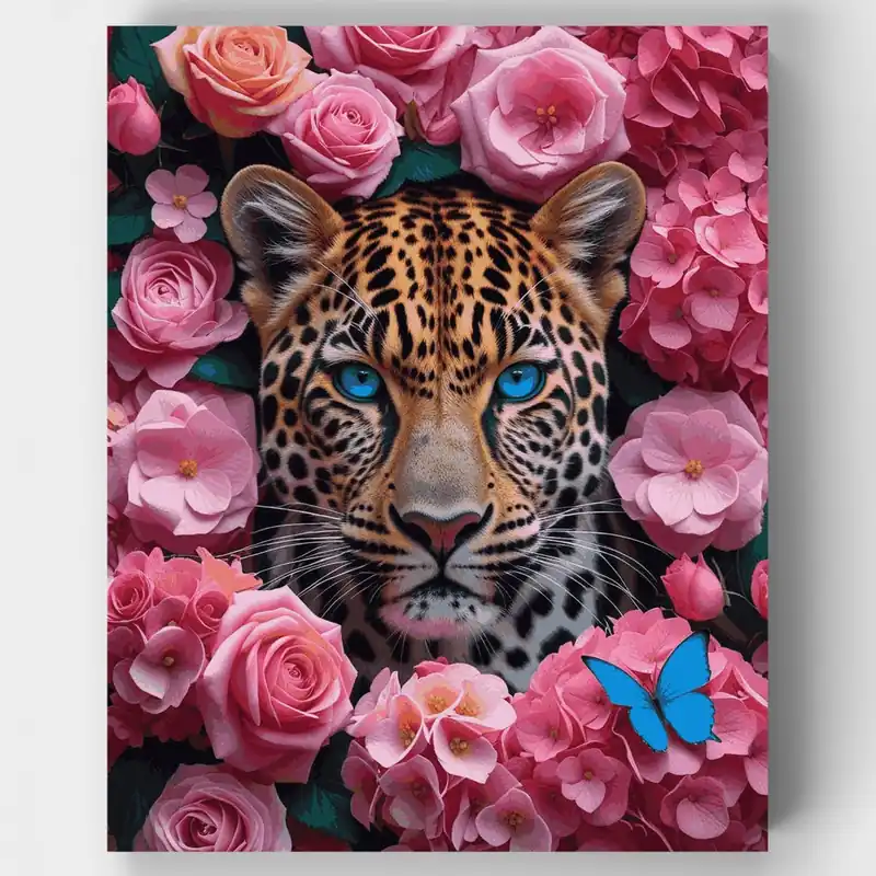Leopardo Rodeado de Rosas Rosas y Mariposa - Kit de pintar por números - Lienzo Enrollado / 24 Colores Oferta Especial